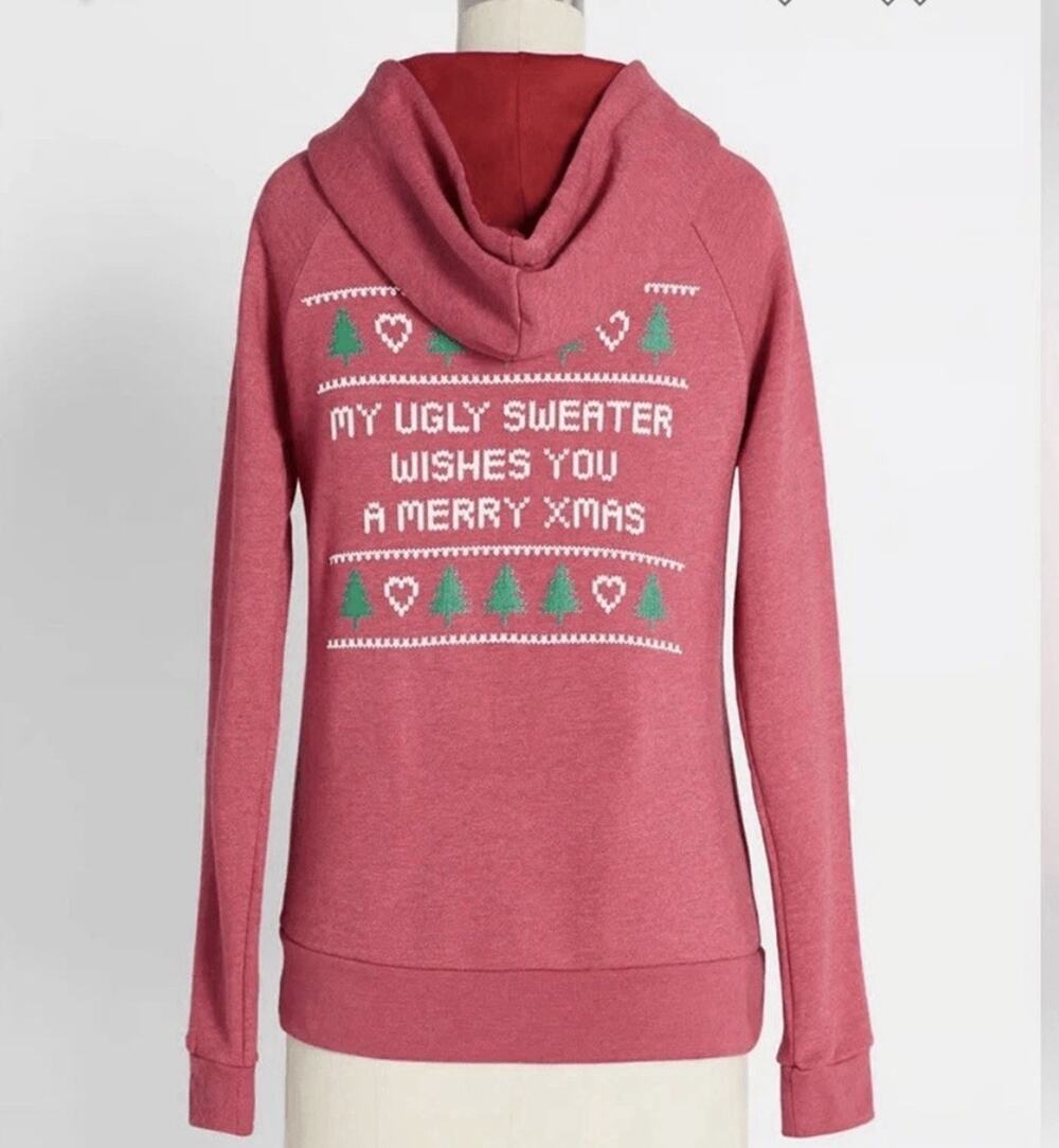 ModCloth Ugly Christmas Sweater Zip-Up Hoodie Sweatshirt Red Small Holiday Funny